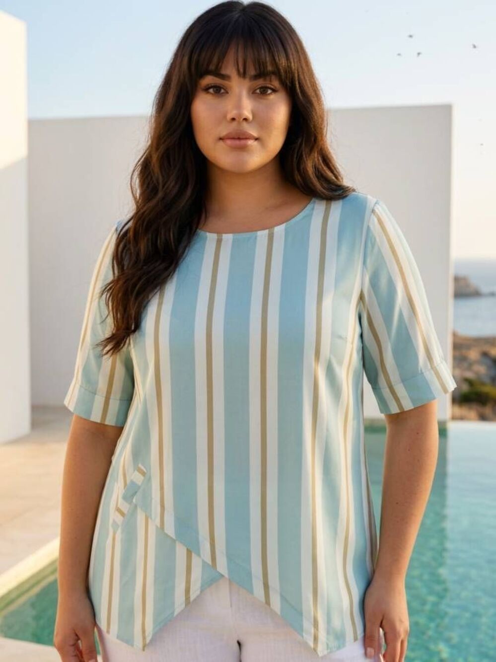 🔺️Striped Blue & Olive Green Stripe Asymmetric Tunic Top Large